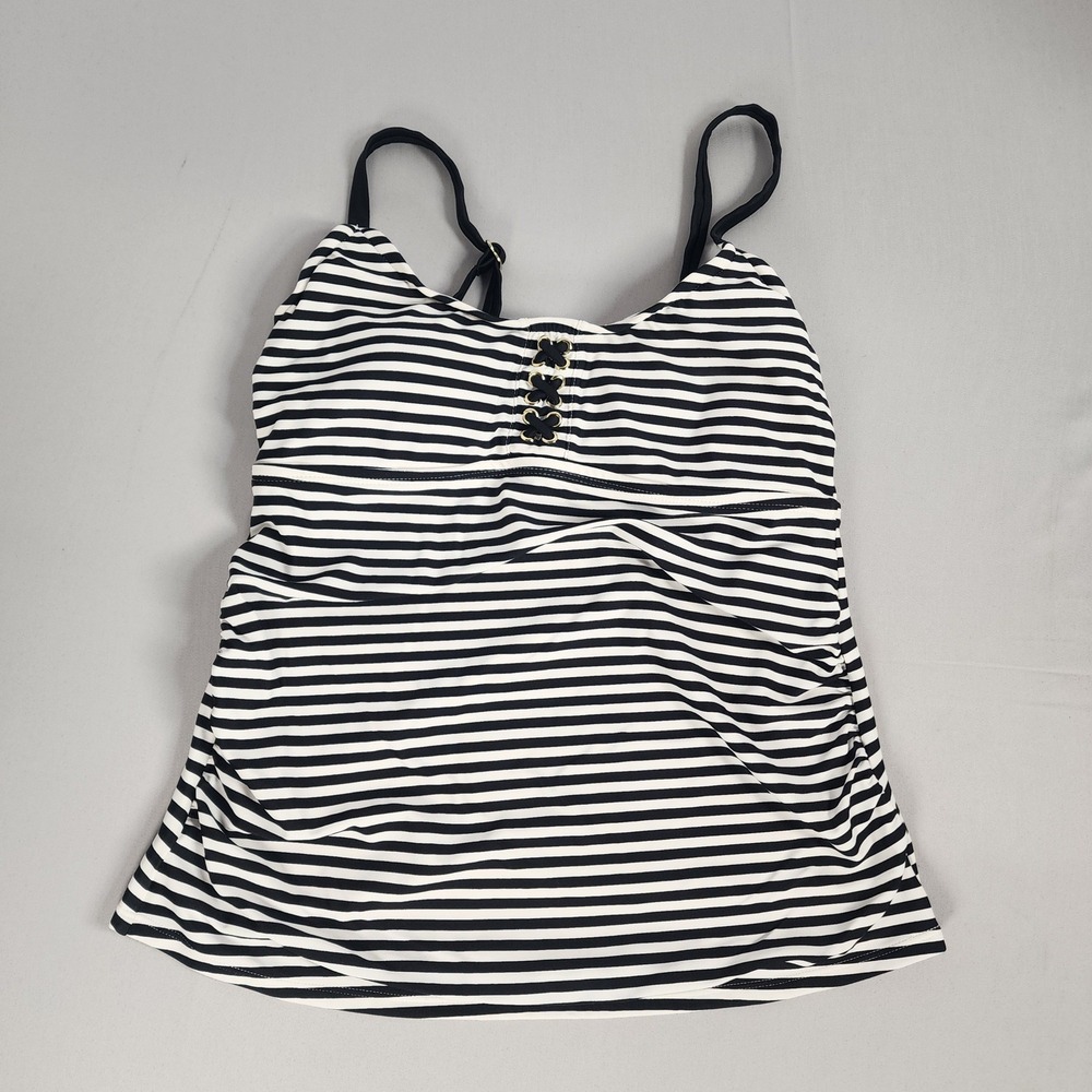 Merona Tankini Top Womens Size M Black White Striped Excellent Lace-Up Nautical